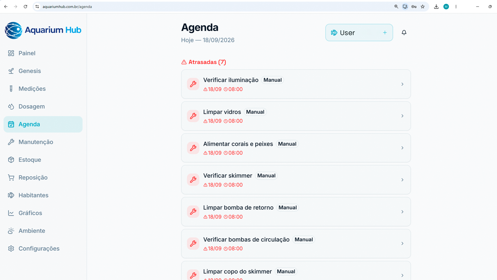 Agenda do dia no Aquarium Hub com sete tarefas atrasadas em destaque