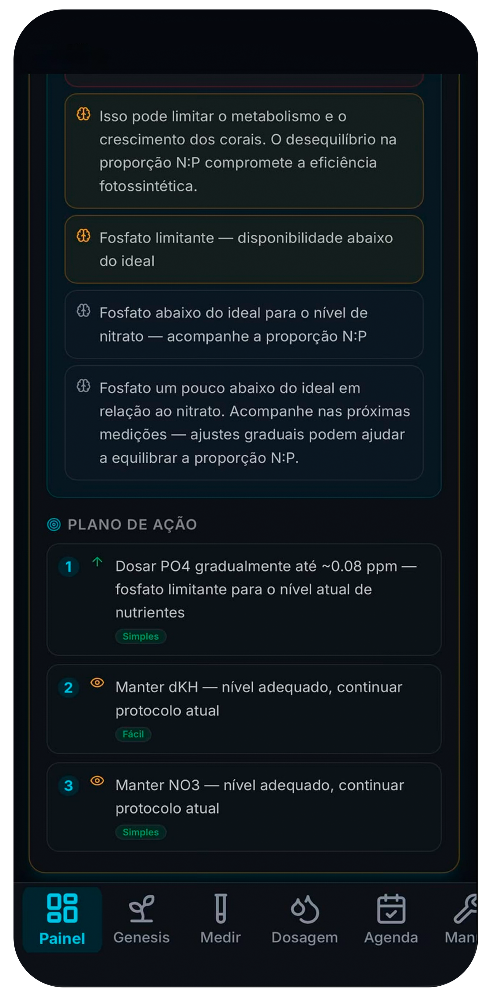 Diagnóstico escrito e plano de ação numerado dentro do app