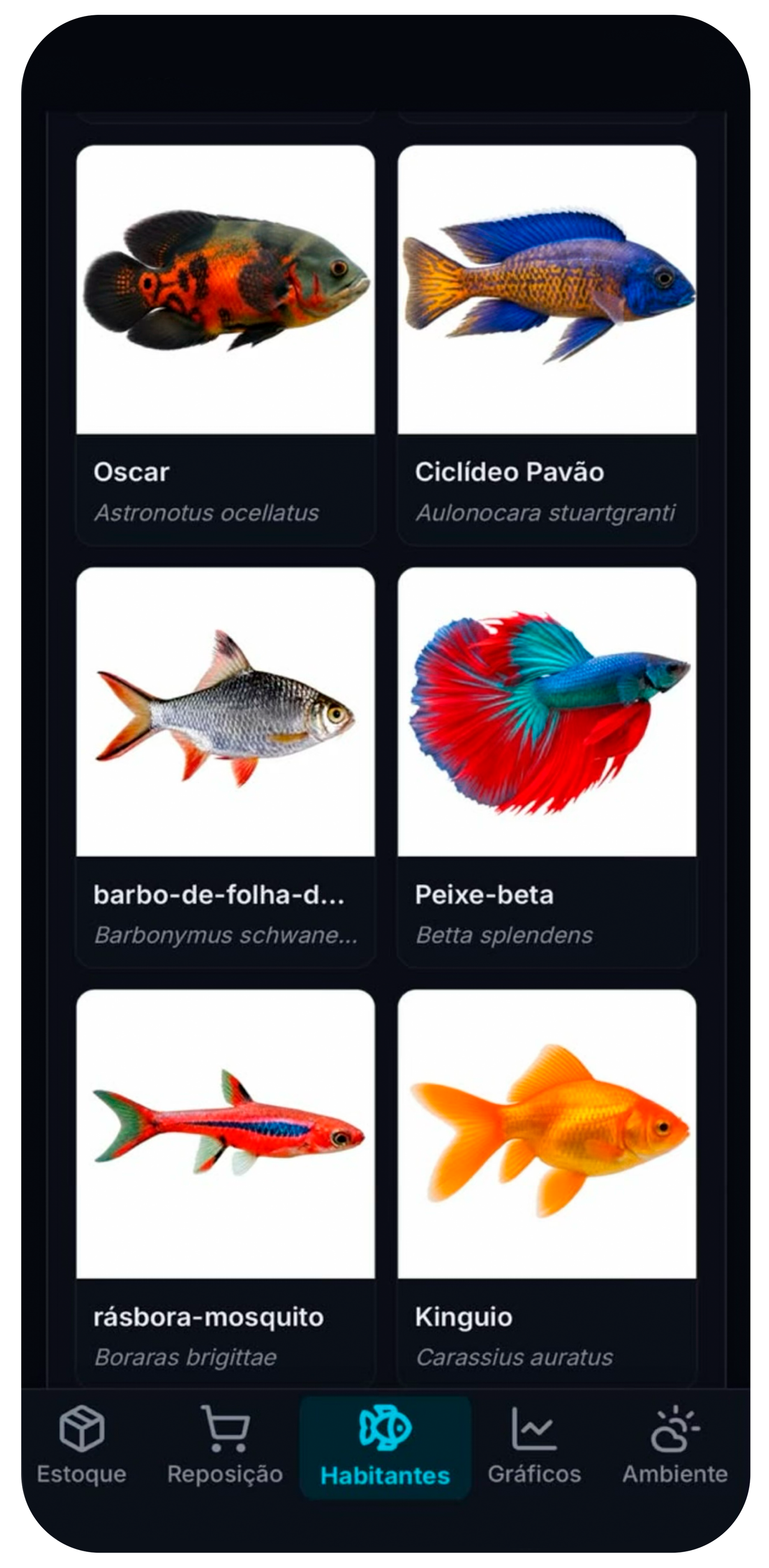 Catálogo de habitantes com cards de peixes, nome popular e nome científico